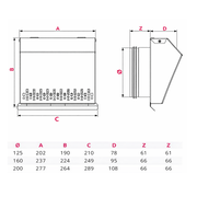 Grilă exterioară admisie aer, metalică, cu plasă de protecție și picurător Ø125–Ø200
