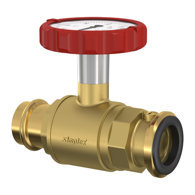 Flamco Simplex - Robinet sferic PKH SKB PRESS TG-R cu presare, termometru roșu și limitator retur DN 25–32