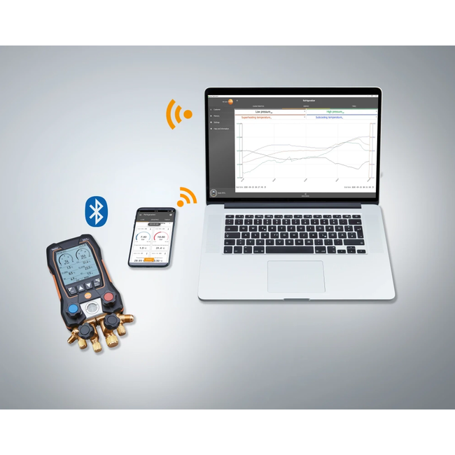 Testo 557s - Set Vacuum Smart cu furtunuri - Manifold digital inteligent cu sonde wireless de temperatură și vacuum plus set de 4 furtunuri