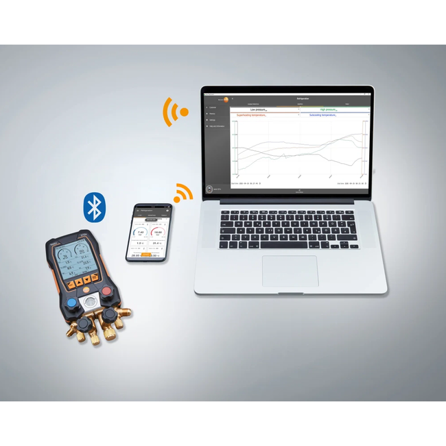 Testo 570s - Set Vacuum cu furtunuri de umplere - Manifold digital inteligent, cu sonde wireless de vacuum și de temperatură tip clește și set cu 4 furtunuri de umplere