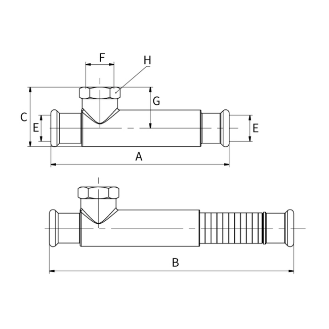 Flamco Meibes - Racord telescopic tip T cu conexiune presare DN 15–28
