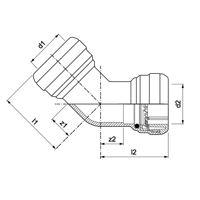 VSH Tectite - Cot 45° 2 x push – inox (DN12 – DN50)