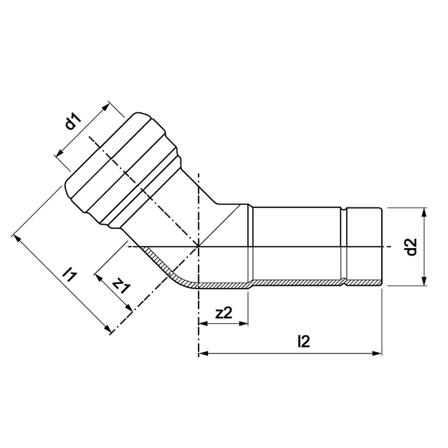 VSH Tectite - Cot 45° push x capăt drept – inox (DN12 – DN40)