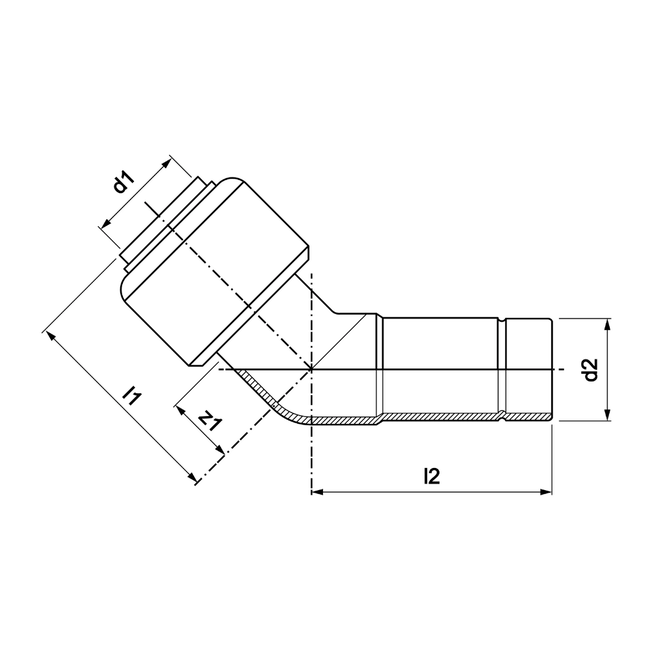 VSH Tectite - Cot 45° push x capăt drept – inox (DN12 – DN40)