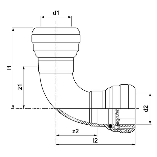 VSH Tectite - Cot 90° cu 2 conexiuni push-fit (DN12–DN50)