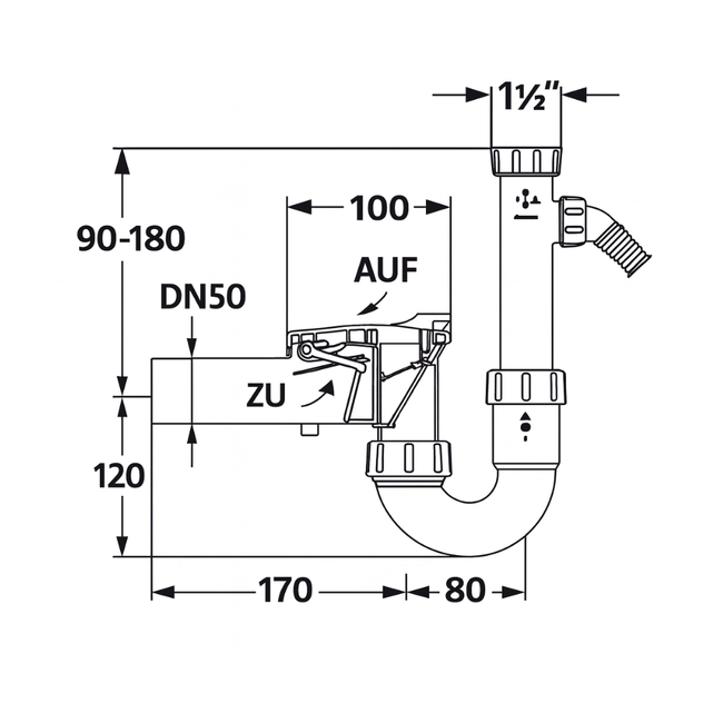 HAAS - Barieră anti-refulare DN 50, tip 5, cu sifon PP și racorduri multiple (1½", 1¼", ¾"–1")