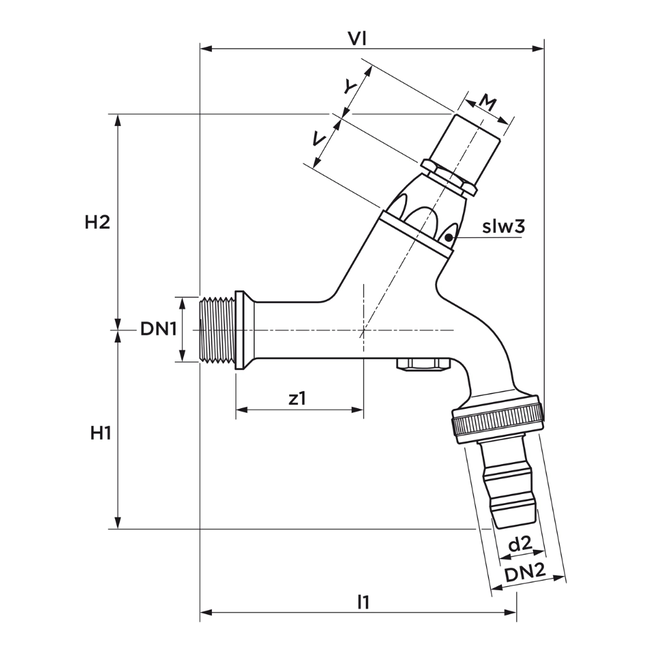 VSH - Robinet cu aerator NEN DA, fără cheie, cu racord furtun, G1/2"x1/2" (G3/4"), PN10, alamă cromată, DN15–DN20
